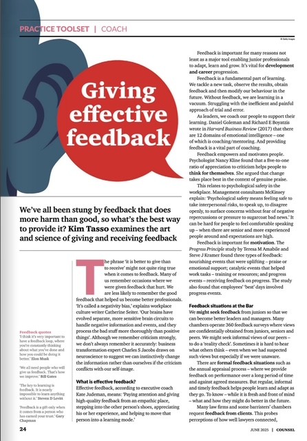Giving feedback in professional relationships Article by Kim Tasso in Counsel magazine for barristers